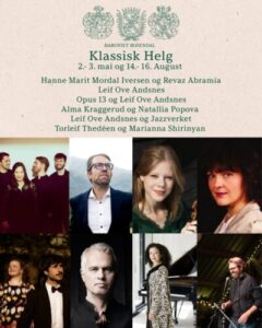 Grafikk for Klassisk helg ved Baroniet Rosendal med navn på medvirkende musikere.